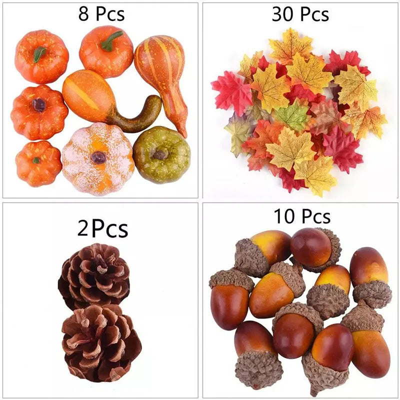 50Pcs Thanksgiving Artificial Pumpkins Set with Leaf Acorns Pine Cones