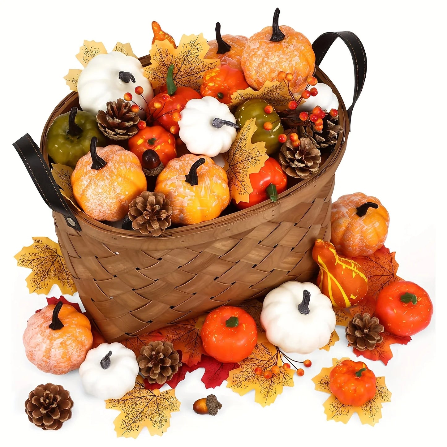 50Pcs Thanksgiving Artificial Pumpkins Set with Leaf Acorns Pine Cones