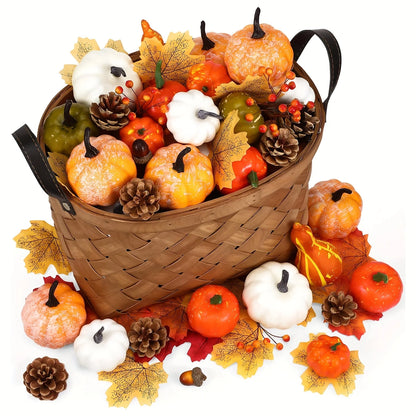 50Pcs Thanksgiving Artificial Pumpkins Set with Leaf Acorns Pine Cones