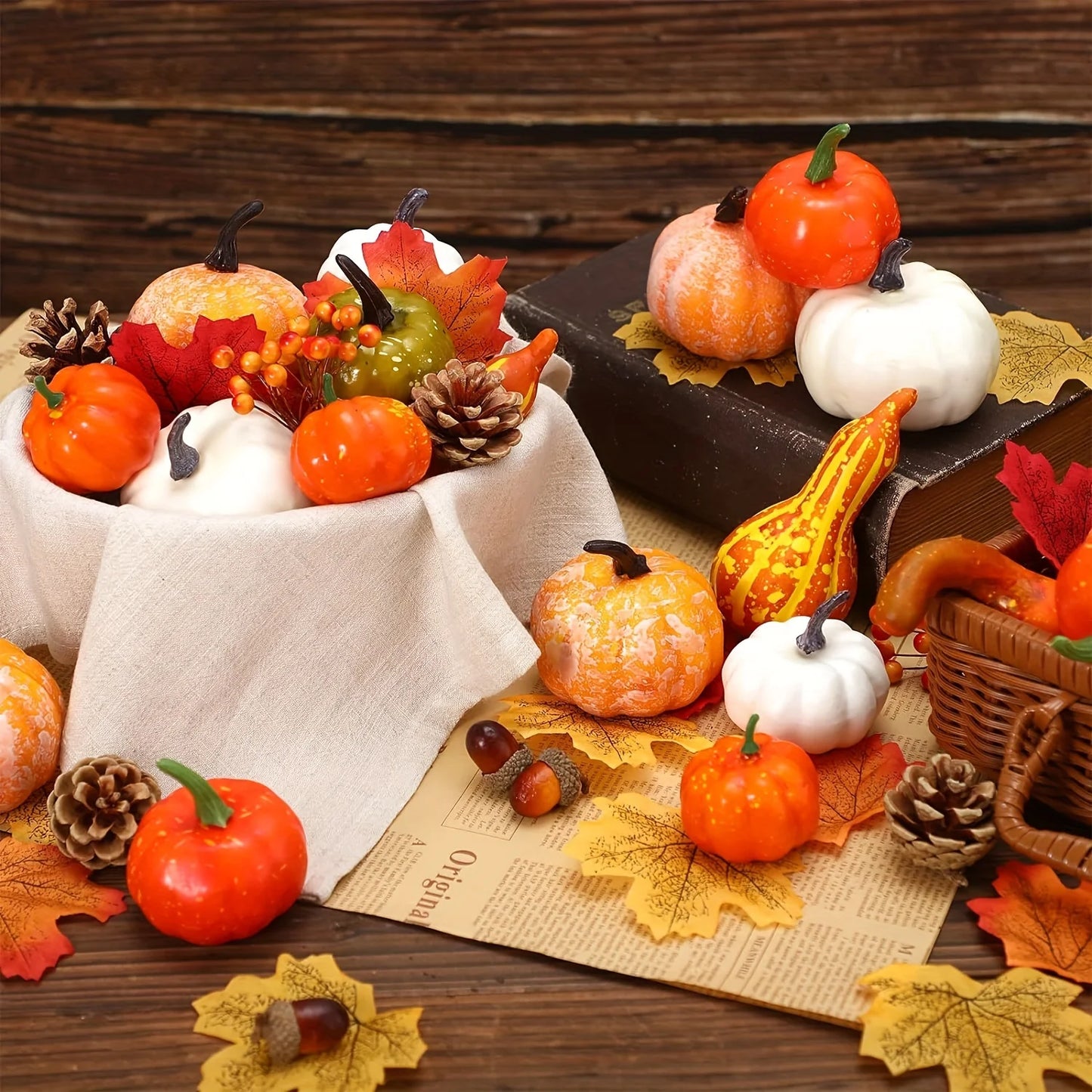 50Pcs Thanksgiving Artificial Pumpkins Set with Leaf Acorns Pine Cones