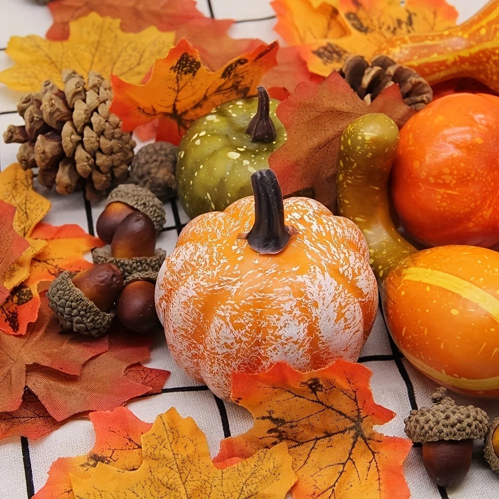 50Pcs Thanksgiving Artificial Pumpkins Set with Leaf Acorns Pine Cones