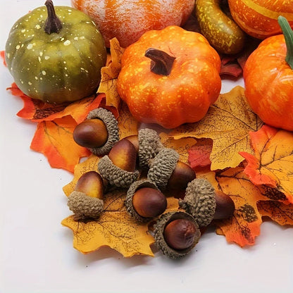 50Pcs Thanksgiving Artificial Pumpkins Set with Leaf Acorns Pine Cones