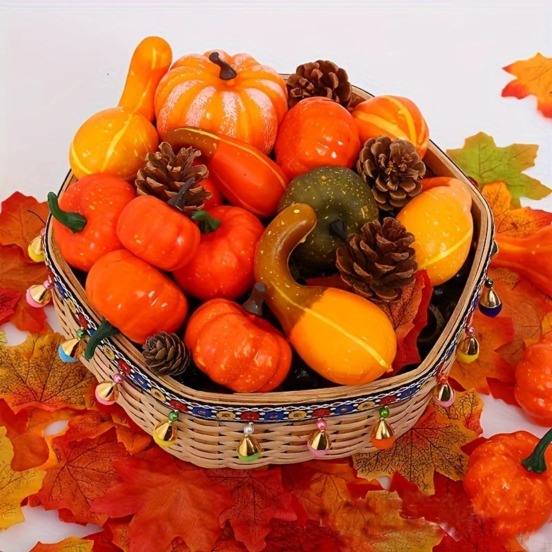 50Pcs Thanksgiving Artificial Pumpkins Set with Leaf Acorns Pine Cones