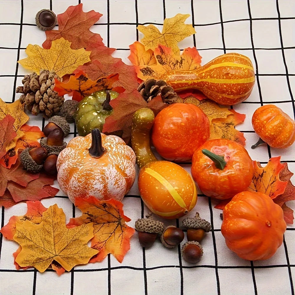50Pcs Thanksgiving Artificial Pumpkins Set with Leaf Acorns Pine Cones