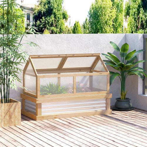 Raised Garden Bed With Polycarbonate Greenhouse, Wooden 48 X 24 X 32, Natural